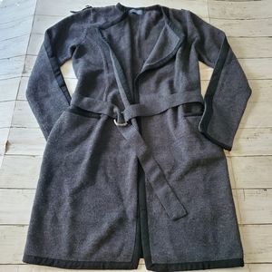Gryphon new york long belted sweater knit cardigan gray 100% wool‎ sample piece